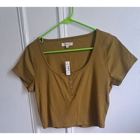 Madewell Womens Medium Mustard Green Shirt Deep Plunge Neck Cropped Top - Picture 3 of 7